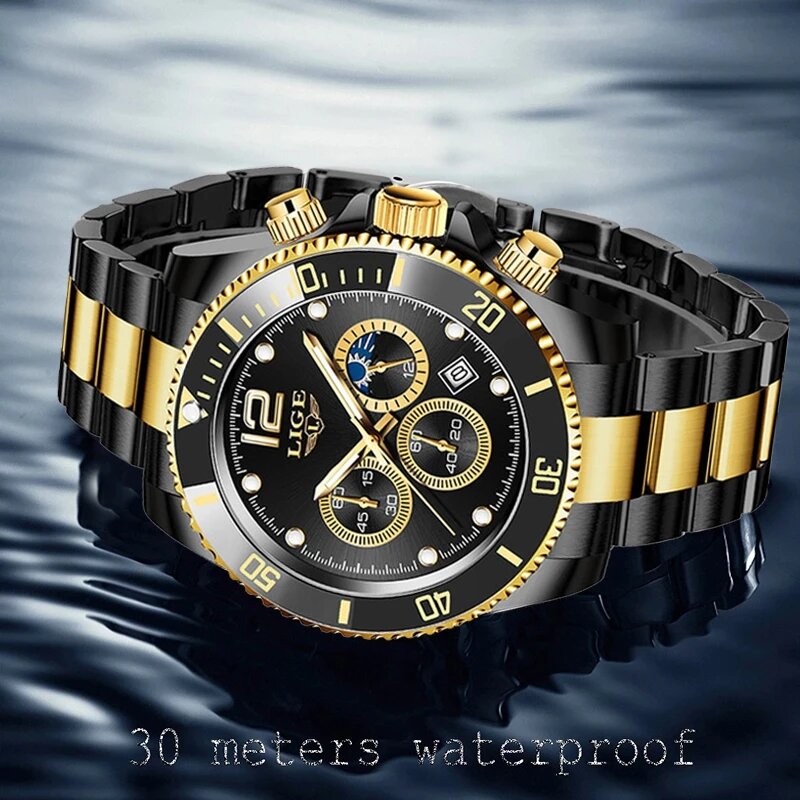 LIGE jam tangan Quartz untuk pria, jam tangan asli modis mewah bahan baja tahan karat tahan air untuk pria