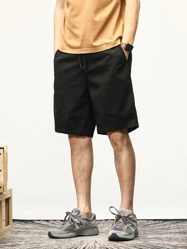 Summer Casual Shorts Men Stretch Cotton Drawstring Solid Workwear Straight Cargo Shorts Male Loose Bermuda Short Pants