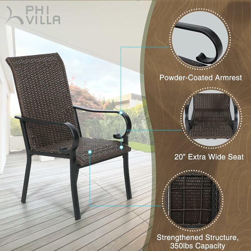 Outdoor Wicker Dining Chairs Set of 4, Extra Large High Back Rattan Armchairs with Steel Frame, for Patio, Deck, Yard, Porch