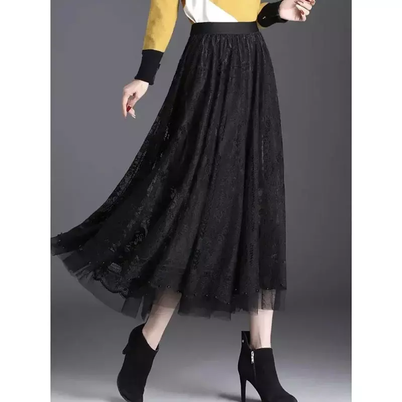 2024 Lace Long Skirt Women Spring Summer Elastic High Waist A-Line Hollow Out Studded Long Skirt Female Elegant Lace Midi Skirt