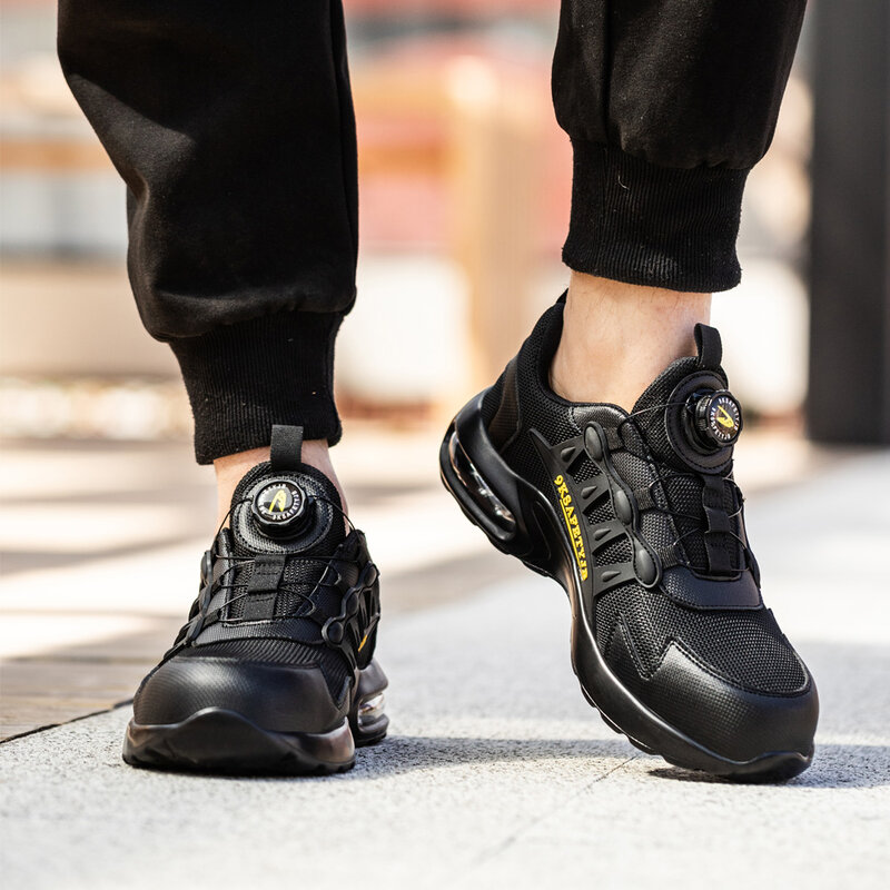 Sapatos leves para homens e mulheres, tênis de trabalho respirável, laço de botões, proteção de segurança verão