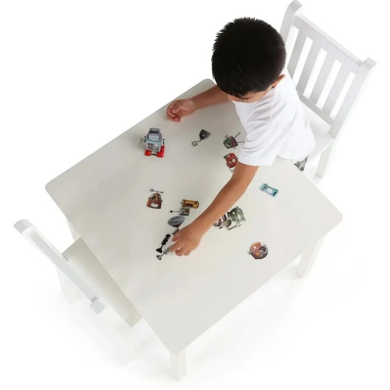 ชุดโต๊ะทรงสี่เหลี่ยมทำจากไม้สำหรับเด็กเล็กและเก้าอี้2ตัวสีขาวอายุ3ปีขึ้นไป