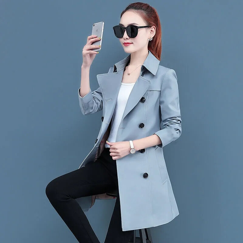 Женская ветровка, новое пальто на весну и осень 2024, облегающее универсальное повседневное двубортное пальто средней длины в Корейском стиле на пуговицах для женщин