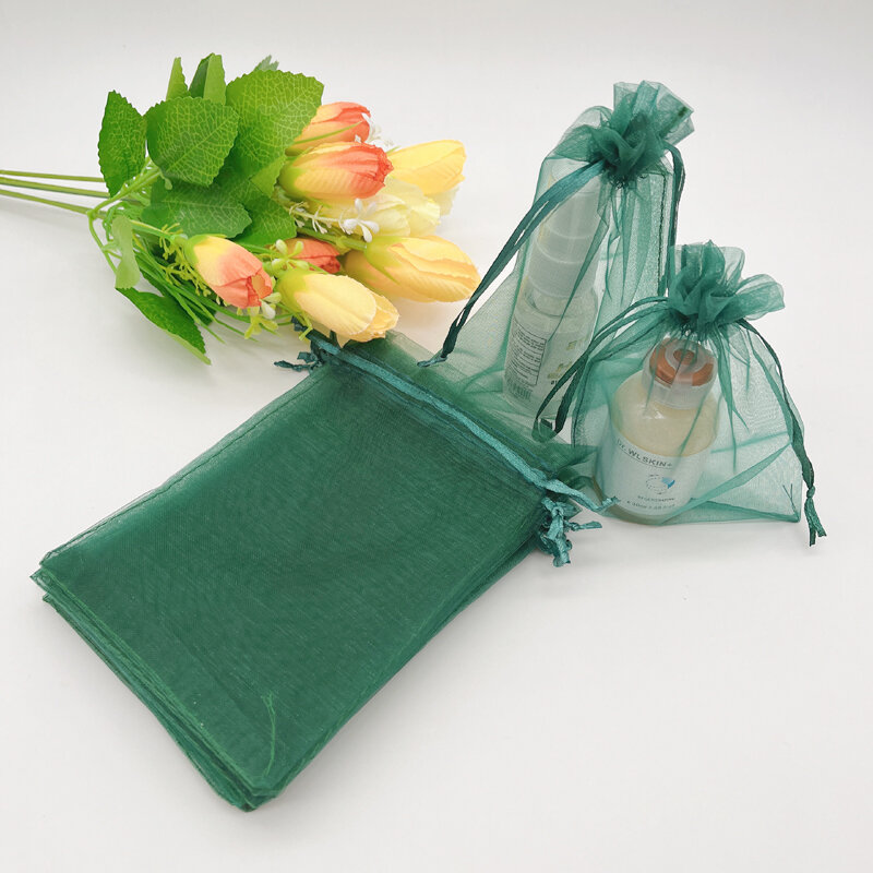 Bolsas de exhibición de UDS, bolsas de regalo de color verde oscuro, negruzco, para joyería, embalaje, bolsa de regalo de boda, bolsita de Organza con cordón, 100