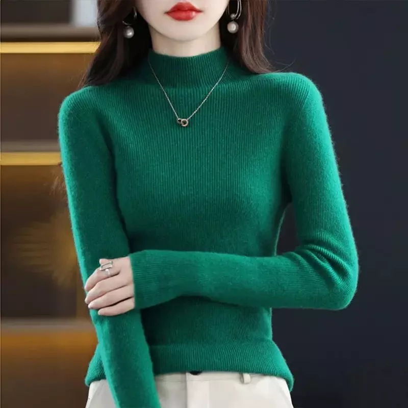 Женский плиссированный пуловер, облегающий свитер с длинным рукавом и воротником средней длины