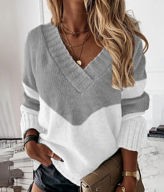 Fashionable Women's Pullover Sweater Colorblock Long Sleeve V-Neck Long Sleeved Knit Sweater Autumn and Winter Pullover Tops