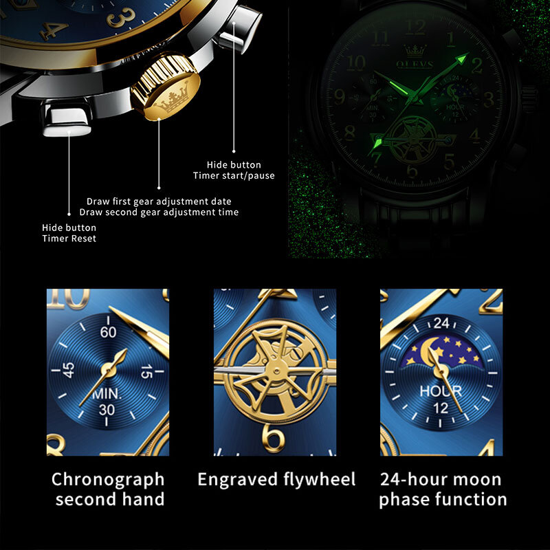 OLEVS-Reloj de pulsera de cuarzo para hombre, cronógrafo luminoso de acero inoxidable, fase lunar, a la moda, nuevo, 2900