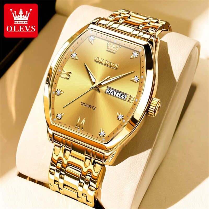 Najlepsze luksusowe zegarki męskie OLEVS tarcza Tonneau złoty zegarek kwarcowy wodoodporna podwójna kalendarz świecąca oryginalna męski zegarek