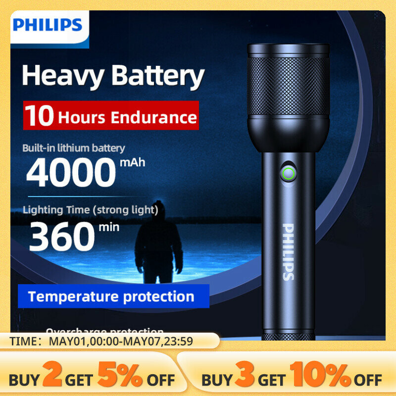 Philips-Lampe de poche LED portable, lampes de poche lumineuses iniques, lampe de camping pour la randonnée en plein air, autodéfense, 3200 lumens, 1000m