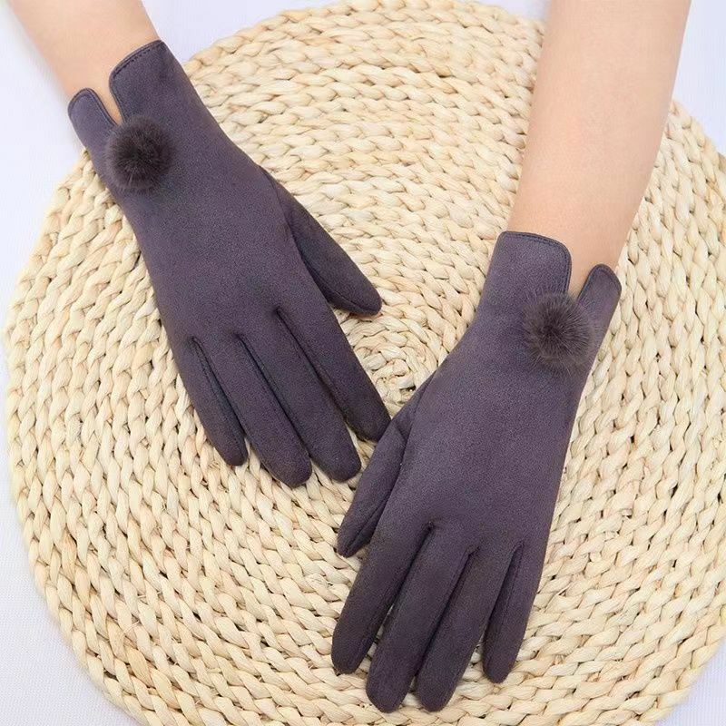New Women Winter Keep Warm Touch Screen Thicken Solid Soft Fashion Elegant Simple Style Gloves Cycling Drive Hairball Cute