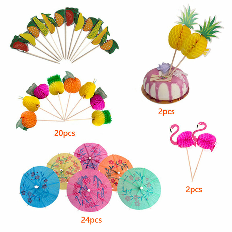 99 sztuk Tropical przyjęcie hawajskie zestaw dekoracyjny z jedwabiu kwiaty hibiskusa liście palmowe ananasy Mini parasol Cupcake wykaszarki