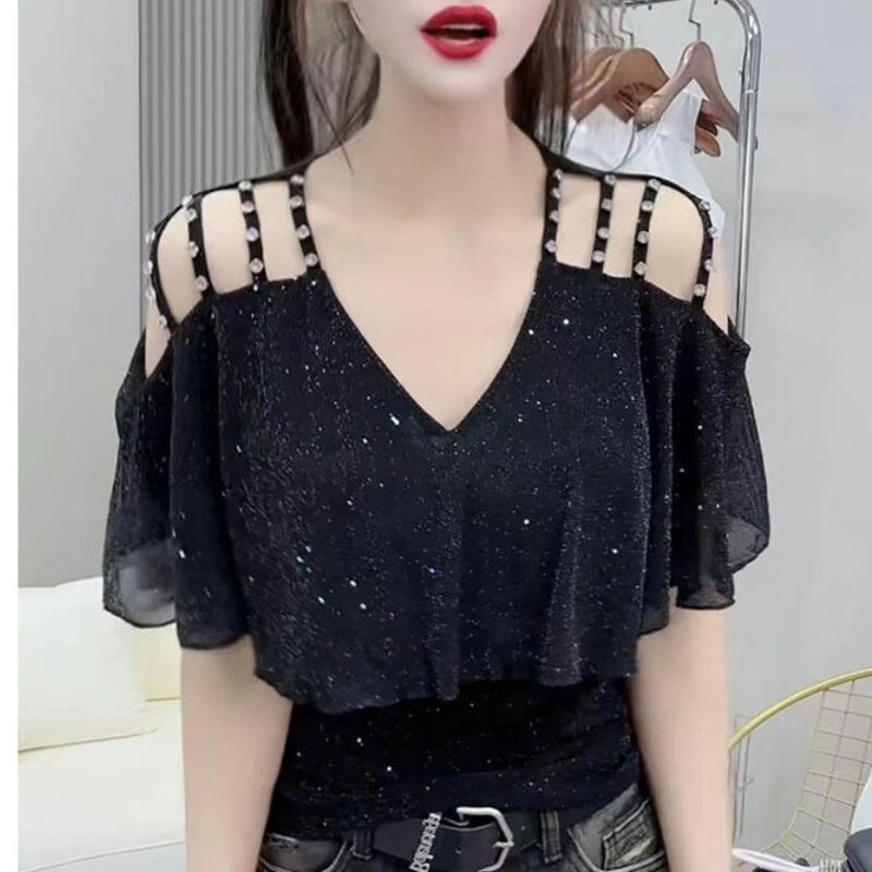2024 New Summer Korean Version Sexy and Fashionable Slim Fit Short Sleeved Hollowed Out Diamonds Patchwork Women's T-shirt Top