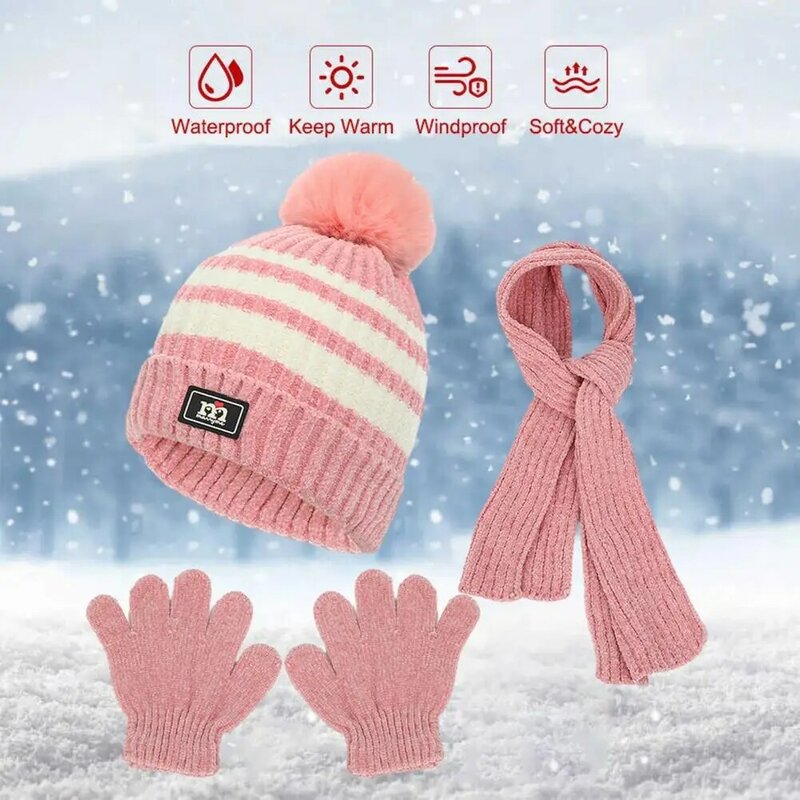 Children Gloves Knitted Hat with Fur Balls Warm Thickened Knitted Hat Scarf Gloves Set for Boys Girls Autumn Winter Outdoor