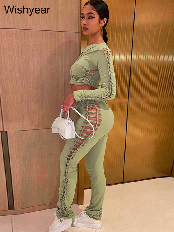 Tracksuits Long Sleeve Crop Top High Waist Pencil Pants 2 Piece Sets for Women Sexy Hollow Out Bandage Slim Jogging Suits 2023