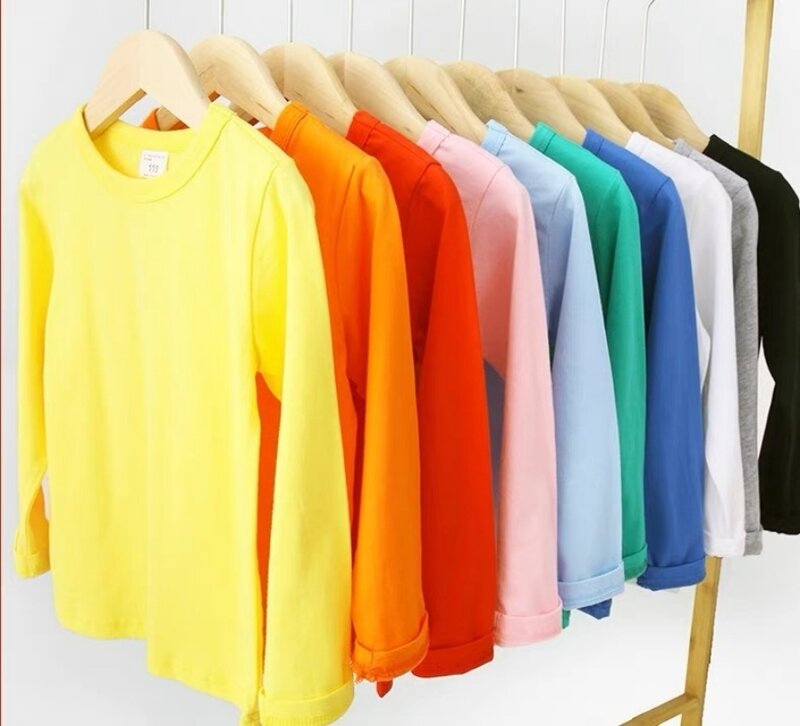 T-shirt de manga comprida de algodão para meninos e meninas, roupas de cor pura, 1 -15 anos, roupas infantis, primavera e outono