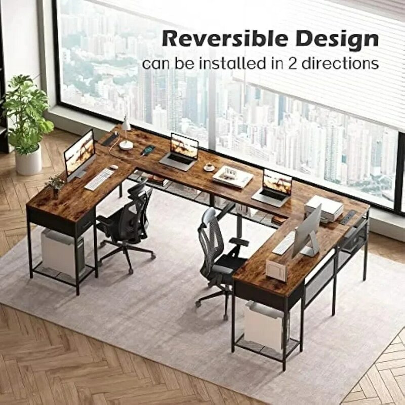 Meja berbentuk L dengan stop kontak, meja komputer dengan laci, meja sudut bolak-balik dengan rak buku penyimpanan kisi, rumah kantor