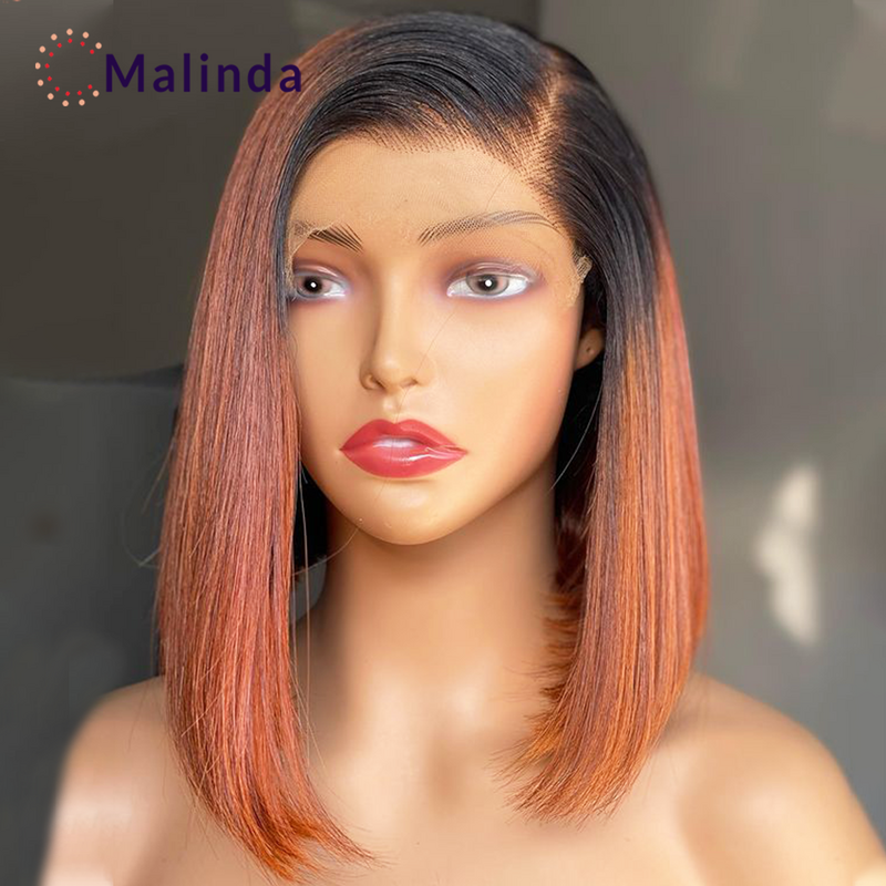 Peluca de cabello humano liso para mujer, postizo de encaje Frontal sin pegamento, corte Bob corto, color naranja jengibre degradado, 13x4