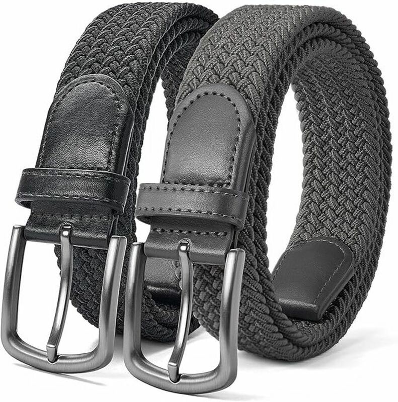 Paquete de dos cinturones elásticos para hombre, cinturón informal tejido de 1 3/8 "con caja de regalo