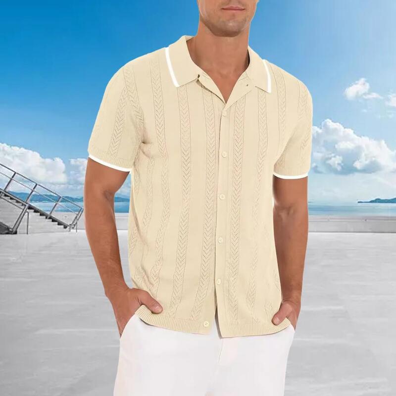 メンズヴィンテージホローアウトニットシャツ、ターンダウンカラー付きカーディガンシャツ、半袖ウェア、夏
