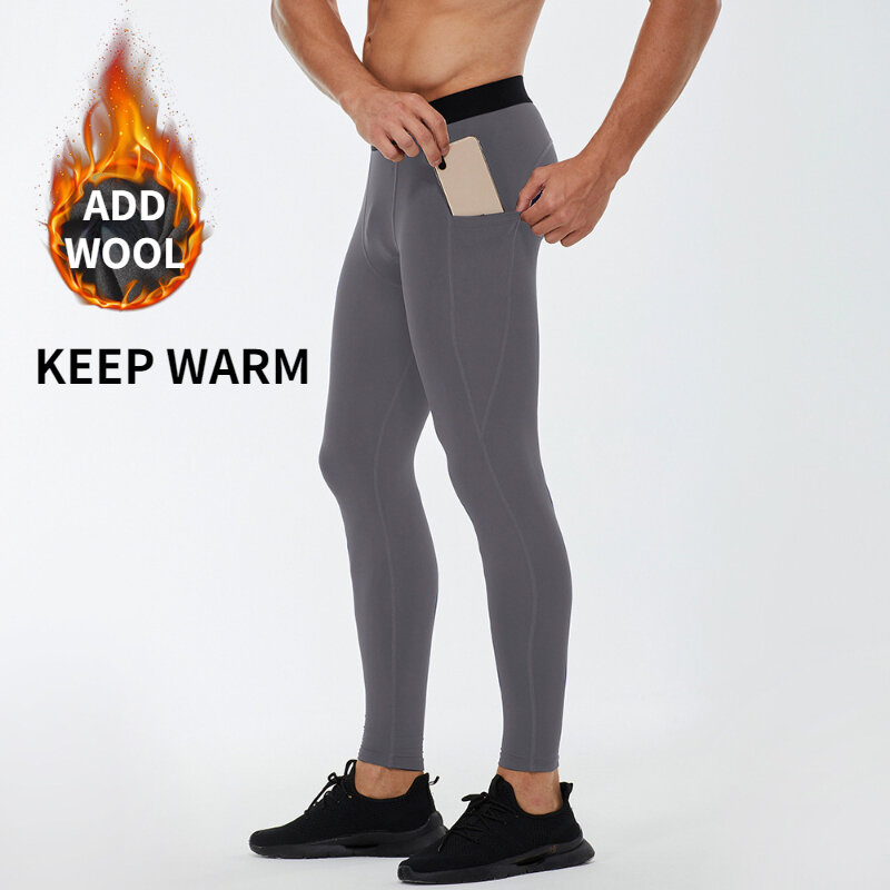 Inverno homens velo respirável leggings térmicos apertado ao ar livre manter quente fitness calças quentes bolsos de secagem rápida treinamento jogging sexy