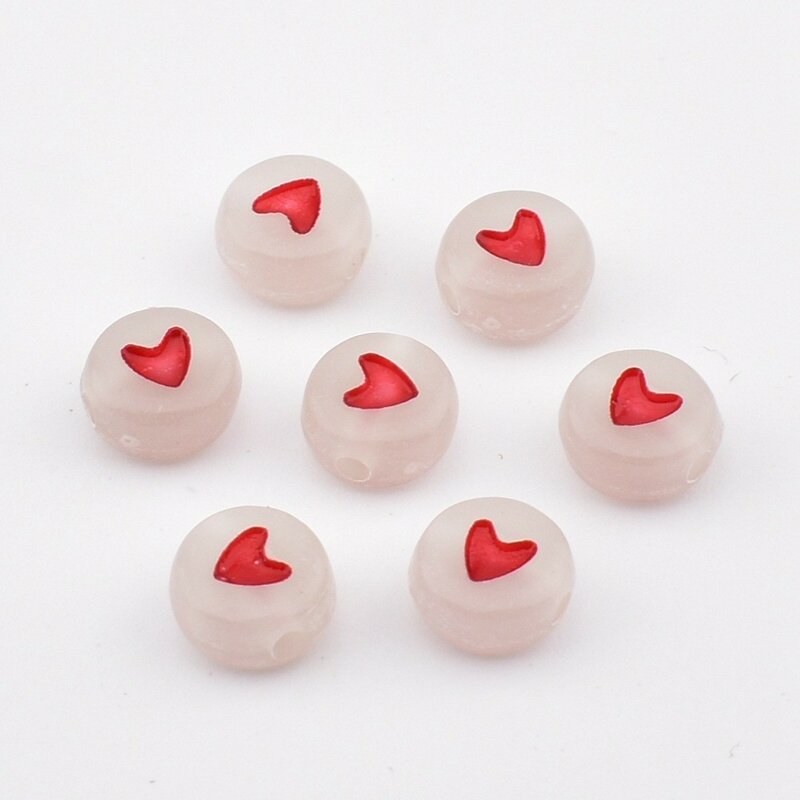 Perles rondes en acrylique pour la fabrication de bijoux, perles d'amour rouges, fond lumineux, beige, bricolage, 7x4x1mm, 50 pièces par lot