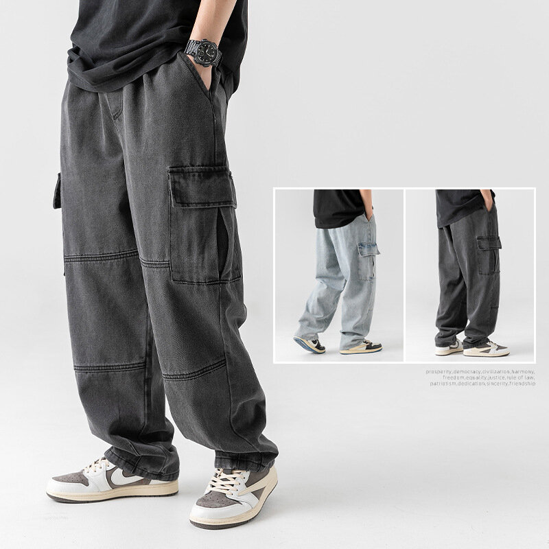 Calça de carga multibolso masculina, algodão puro, calça jeans de perna larga, casual outdoor, roupa de streetwear, hip-hop