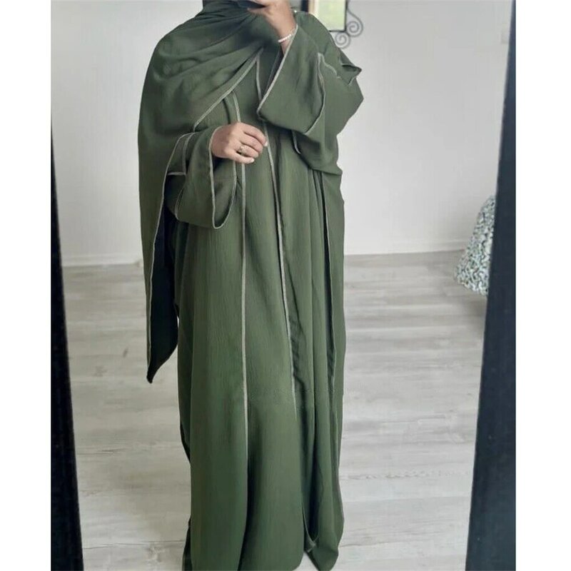 3 potong setelan abaya gaun Hijab set Muslim gaun Crepe Kimono terbuka untuk wanita Dubai Turki pakaian dalam Ramadan