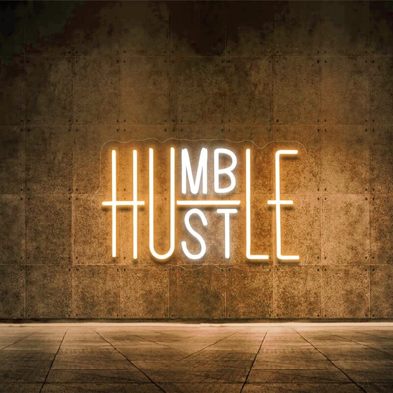 Hustle LED Neon Sign for Wall Decor, Humble Party Decorations, USB Powered Switch Adjustable for Office Room(Yellow&White)