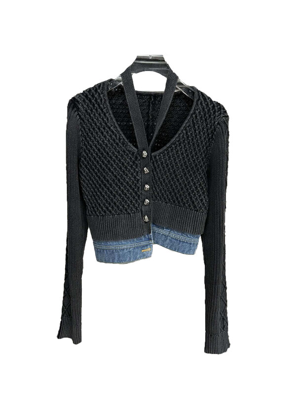 Patchwork woolen knit top fashion personality casual versatile 2024 fall and winter new 1223
