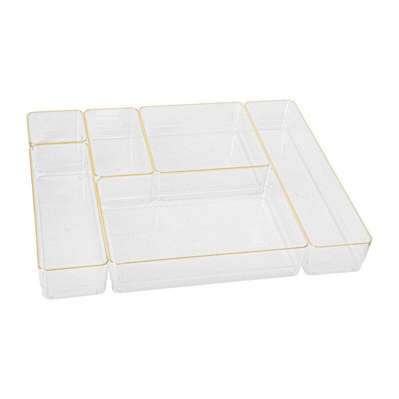 Kerry Plastic Stackable Office Desk Drawer Organizers with Gold Trim, Set of 6
