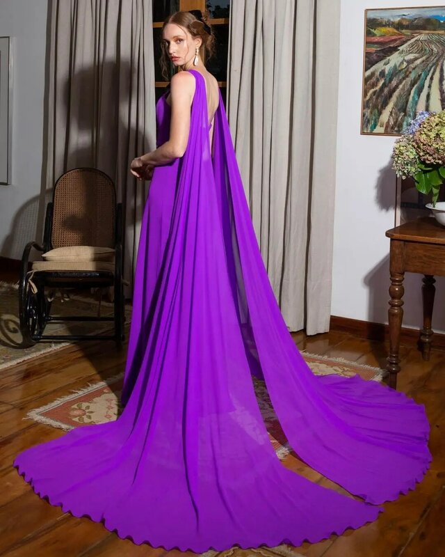Jirocum Purple Prom Dress Women's Chiffon Sleeveless V Neck Party Evening Gown Backless Floor Length Formal Occasion Gowns 2024