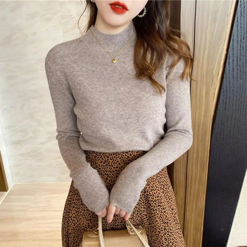 Women Autumn Winter Soft Knitting Tops Half High Collar Long Sleeve Bottoming Sweater Solid Color Slim Fit Knitwear