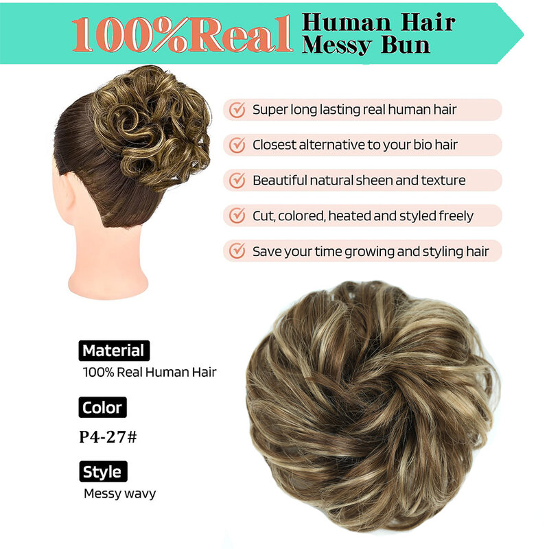 100% Human Hair Messy Bun, Real Hair Bun Extensions Natural Brown Hair Messy Rose Bun Wavy Curly Bun Hairpieces for Women Girls