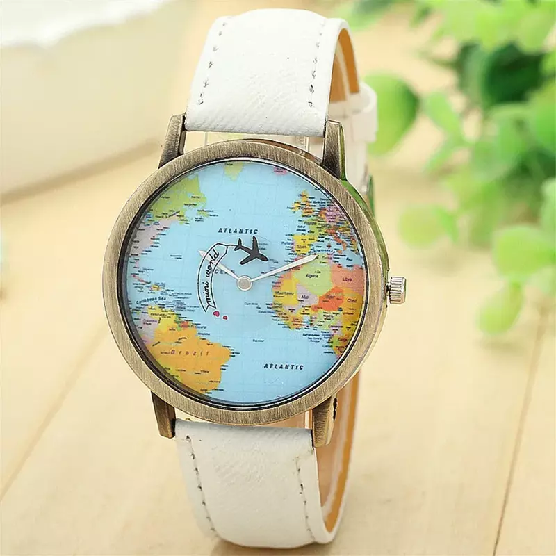 Cool Mini World-Reloj de pulsera de cuero para hombre y mujer, cronógrafo de cuarzo con mapa, avión, viaje alrededor del mundo, versátil, a la moda