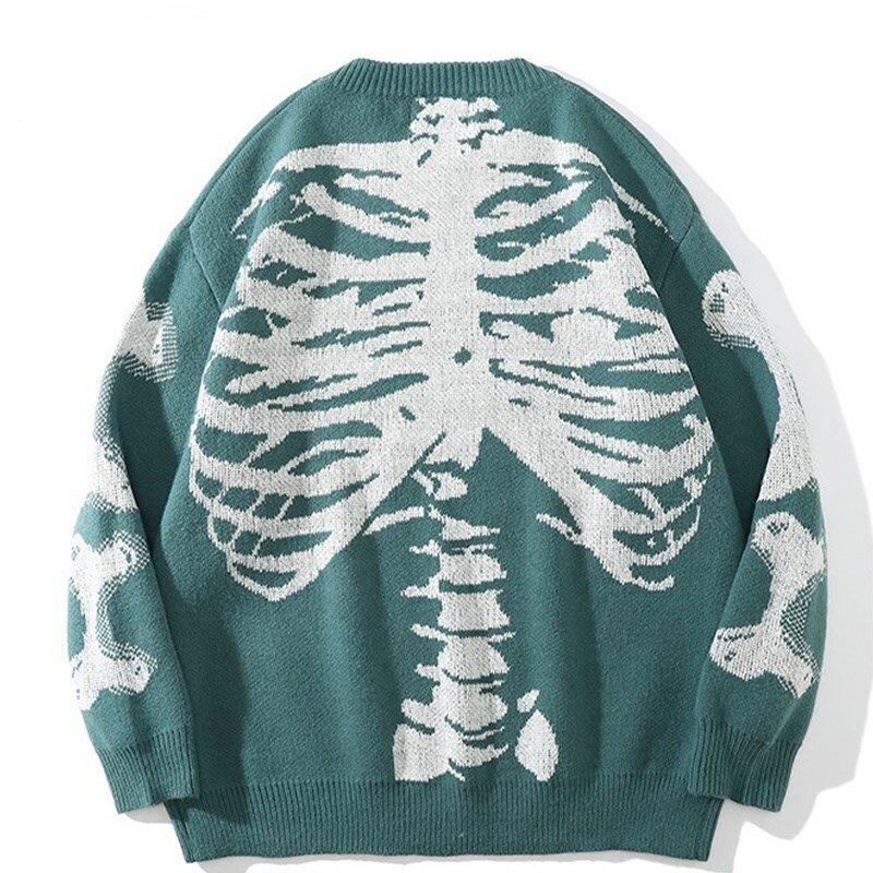 Men Oversized Sweater Black Loose Skeleton Bone Print Women Vintage Retro Knitted Sweater 2021 Autumn Cotton Pullover Unisex