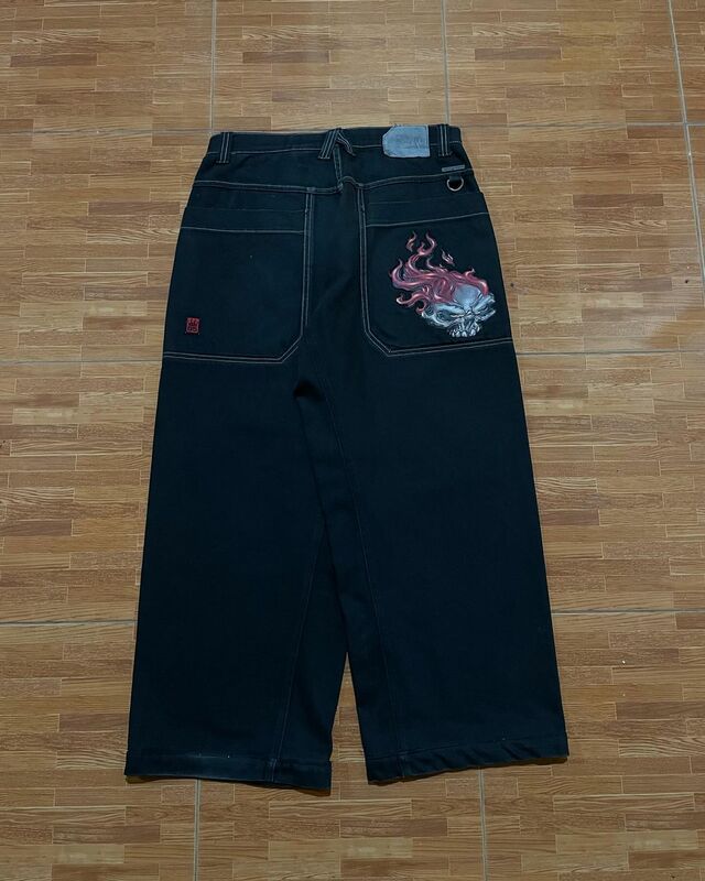 JNCO-Jeans preto solto de cintura alta masculino, padrão caveira, hip-hop, calças de perna larga, vintage, Harajuku, American Y2K, novo, 2024