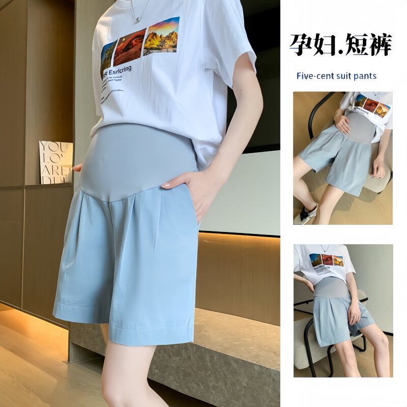 Summer Casual Cotton Maternity Shorts Wide Leg Loose Straight Elastic Waist Belly Short Pants for Pregnant Women Pregnancy