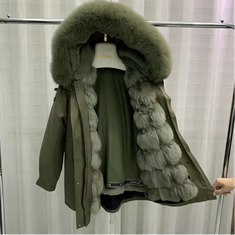 겨울 여우 모피 라이너 모피 파카 재킷, 두꺼운 여성 여우 모피 후드 코트, 느슨한 따뜻한 여성 파카, 긴 오버코트