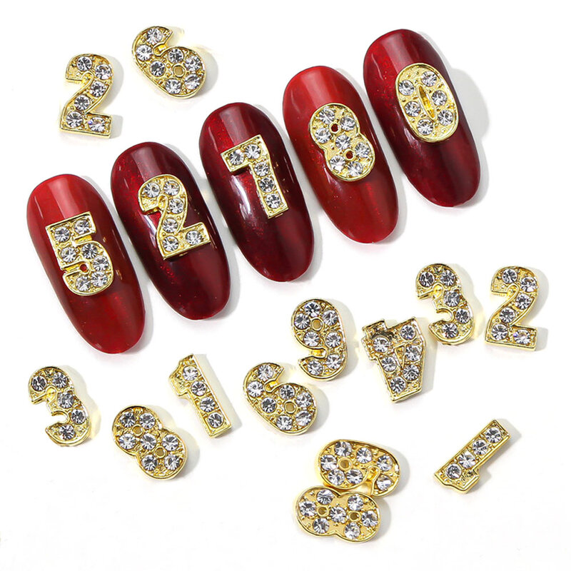Breloques en alliage 3D pour Nail Art, 10 pièces/lot, chiffres 0-9, bijoux or/argent, diamants brillants, strass, accessoires de décoration en métal