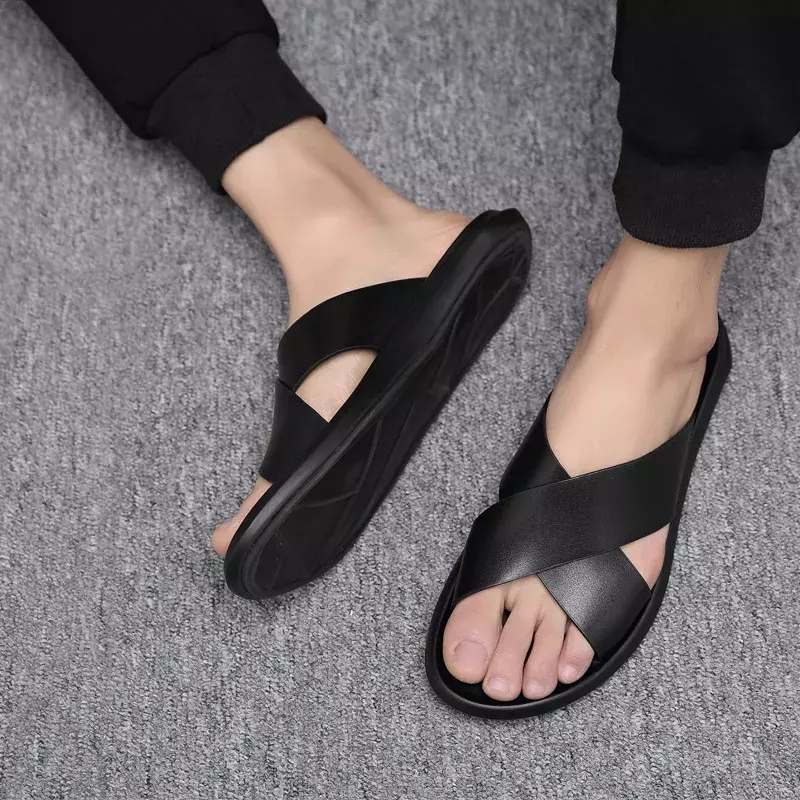 Non-ALD-Pantoufles d'été en cuir souple pour hommes, chaussures plates noires, de vacances, de marque, D102, 2024