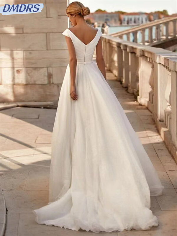 Seksowna suknia ślubna bez rękawów romantyczna suknia ślubna o linii A klasyczna tiulowa suknia ślubna do podłogi Vestidos De Novia