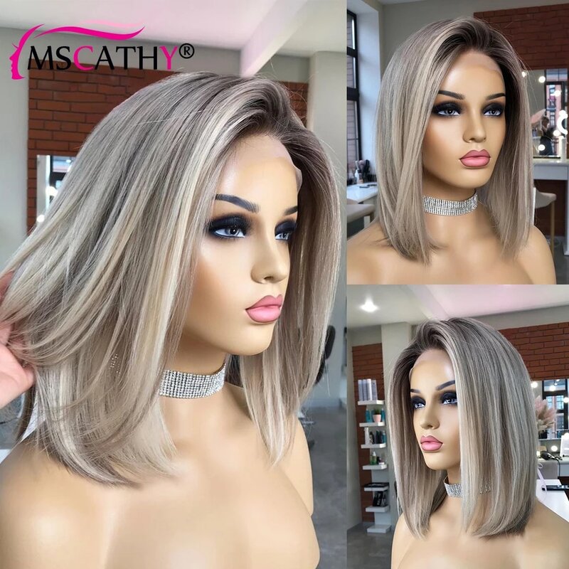 Ash Brown Blonde Lace Front Wig Highlight Straight Ash Grey Short Bob Lace Front Wig HD Glueless Bob Lace Frontal Human Hair Wig