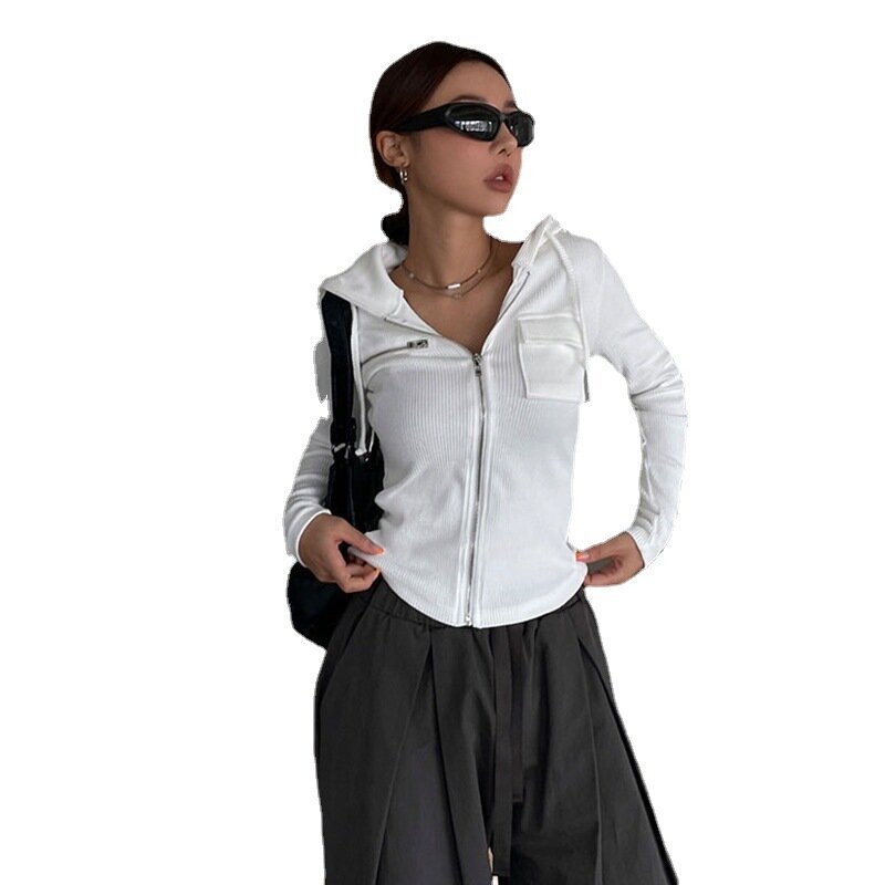 Sweetown-Casaco com capuz com zíper feminino, tops com nervuras, manga comprida básica, design chique de bolsos, camisas de moletom casual, branco, sólido, outono