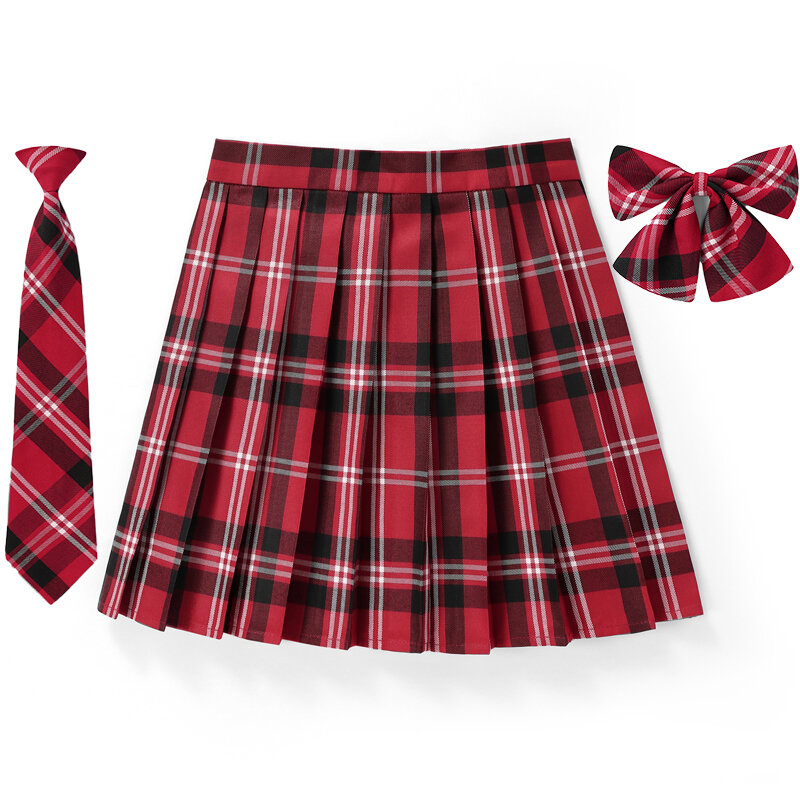 Saia plissada xadrez com gravata e gravata borboleta para mulheres, mini saia, uniformes escolares preppy, meninas japonesas, verão, kawaii, XS- 5XL
