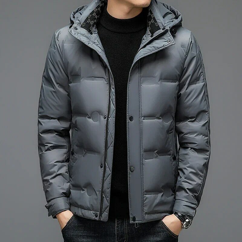 Jaket panjang bertudung musim dingin pria, pakaian mantel panjang kasual pendek tebal termal modis untuk pria