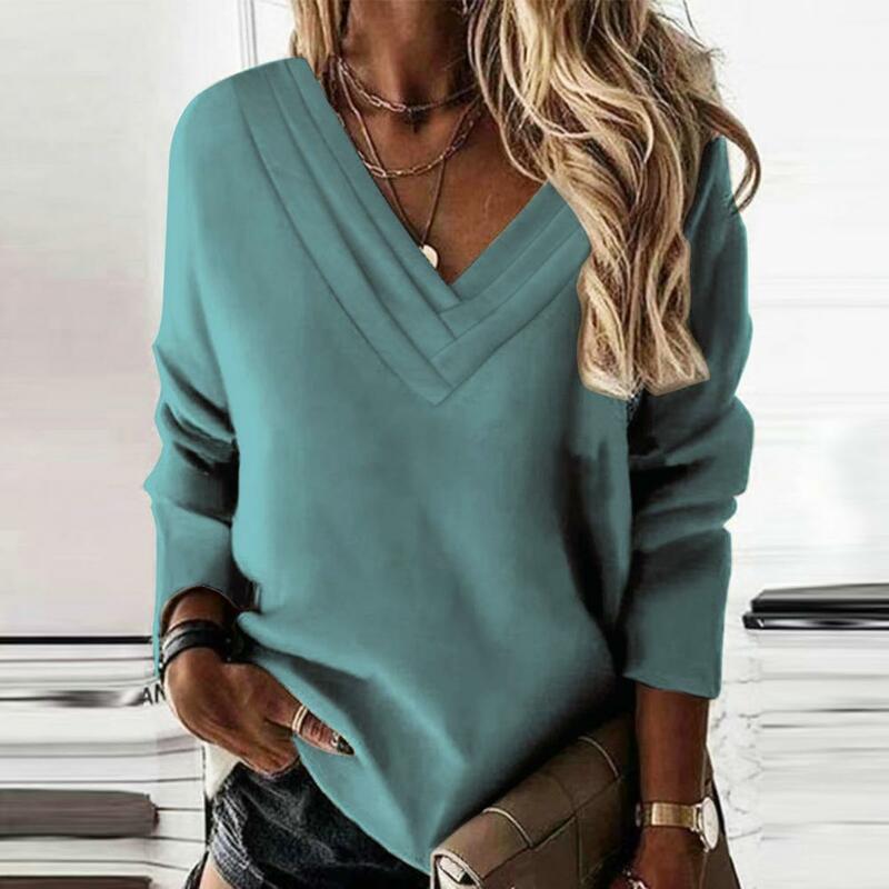 Casual Loose Fit Long Sleeve Blouse Multi-layered V Neck Solid Color Women's Fall Winter Top Thick Warm Long Sleeve Soft