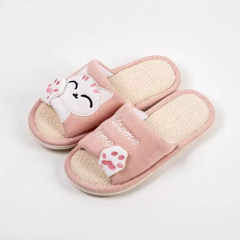 Comemore New Linen Women's Thick Sandals Home Cartoon Slides Soft Non-slip Shoes 2024 New Cute Cat Slippers Women Four Seasons