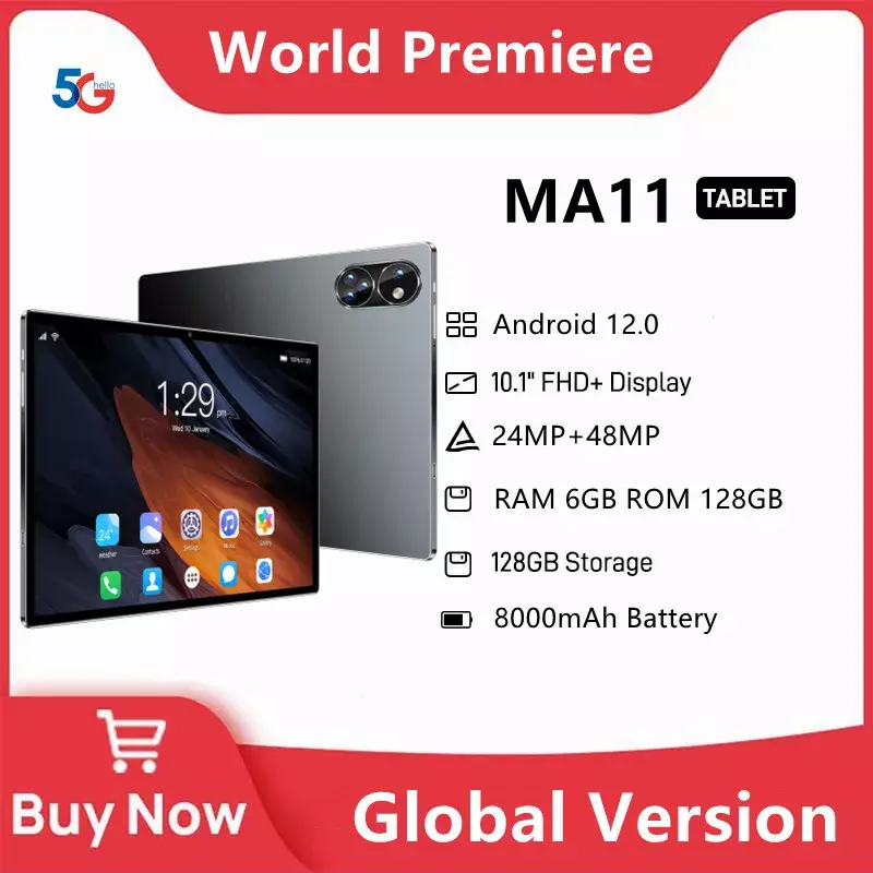 Pad-Tablet com cartões Dual SIM, novo Pad, Android 12, Wi-Fi, Bluetooth, Android 12, 10.1 ", rede 5G, 6GB de RAM, 128GB ROM, MA11