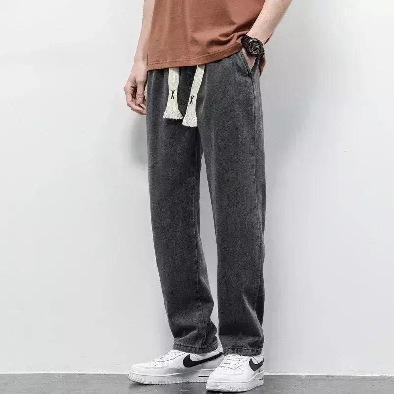 Spring Autumn Men's Jeans Cotton Soft Drawstring Straight Pants Elastic Waist Vintage Korea Casual Trousers Male Plus Size