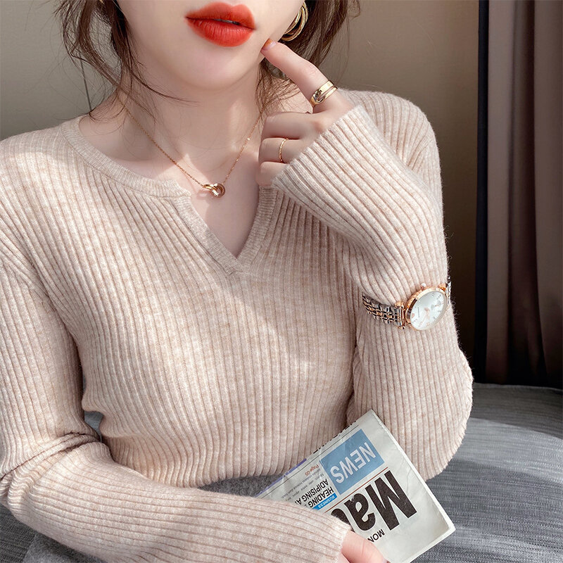 Frauen Langarm V-Ausschnitt schlanke Pullover koreanische Damen gestrickt lässige Pullover Top Herbst Winter Strickwaren Pullover Pull Femme